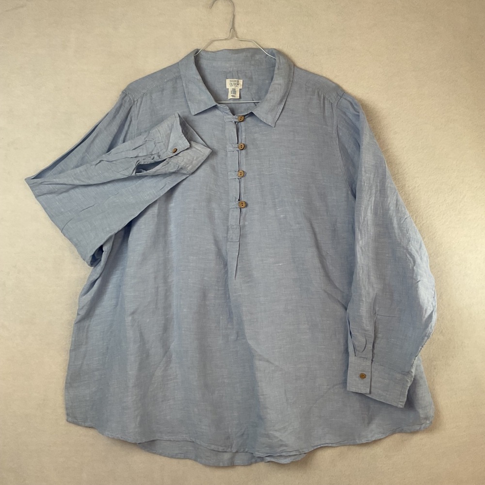 Sigrid Olsen 100% Linen Tunic Top Light Blue Roll Tab Sleeve Plus Size 3X
